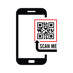 Top-down view of a centered black smartphone silhouette with QR code and bold "SCAN ME" text. Minimalist flat design in black and white, sans-serif font. Neutral, functional for scanning instructions.