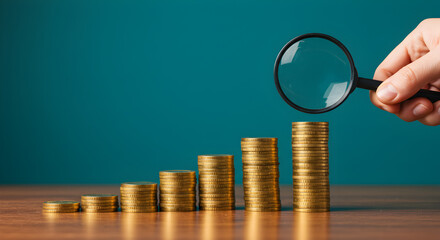 Magnifying Glass Inspecting Golden Coins Stacked as Growth Bar Graph on Teal Backdrop