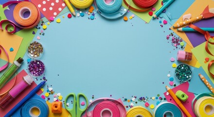 Colorful Craft Supplies Border - Vibrant paper, ribbons, glitter, and more create a festive border, symbolizing creativity, fun, artistry, celebration, and childhood