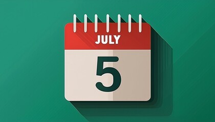 Illustration of paper calendar with date 5 July. Day and month for birthday, anniversary or appointment