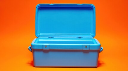 Empty blue cooler box on orange background