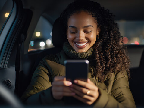 Young woman, curly hair, green jacket, smiles at phone, sitting in car, night, joyful mood