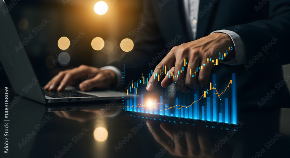 Aufkleber man in suit analyzing digital stock market chart on laptop with glossy desk and bokeh lights backgro
