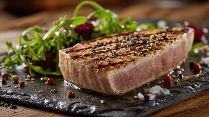 Grilled tuna steak with sesame seeds, served on a dark stone plate with a fresh salad. Delicious and healthy meal.
