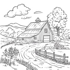 Obraz premium Calm countryside farm scene with trees fence rustic barn hills background rural landscape colouring page image