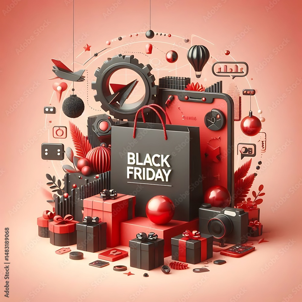 Fototapete black friday creative concept. 3d design with shopping bag and elements red decoration with space fo