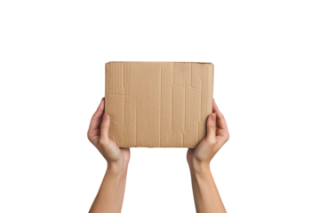 Woman's Hands Holding an Empty Brown Cardboard Box Against a Pink and Teal Wooden Background Varient 3