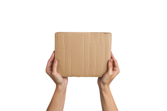 Woman's Hands Holding an Empty Brown Cardboard Box Against a Pink and Teal Wooden Background Varient 3