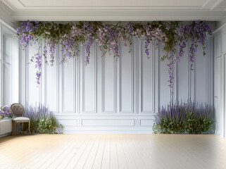 Elegant room with white wall, wooden floor, purple flower decor, green foliage, and classic chair, peaceful mood