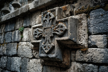 Stone cross on wall in Machaca's ancient city ruins - a stark symbol of history amidst crumbling remnants, evoking a sense of time and place.