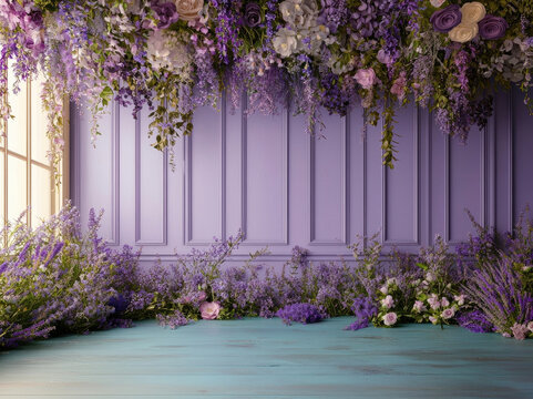 Lavender flower, purple wall, floral arrangement, romantic, elegant, natural light, peaceful mood