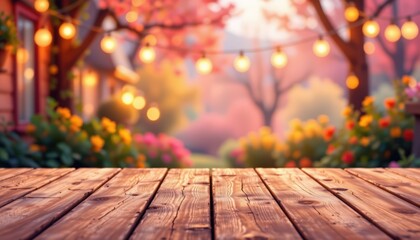 Wooden Deck Table Autumn Evening Garden Background with String Lights