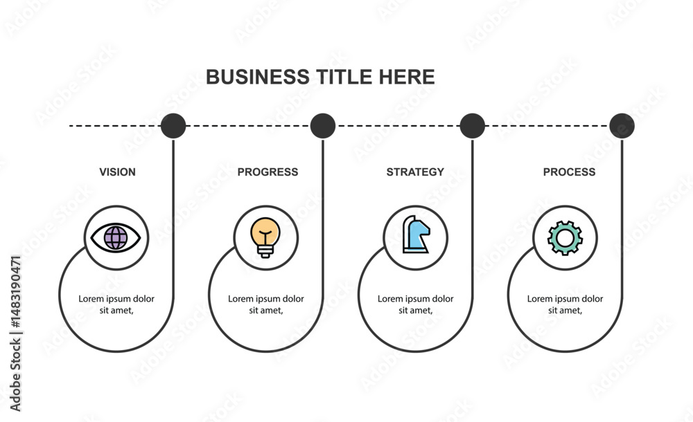 Poster design template infographic element. 4 step process line with circle shapes and icons.