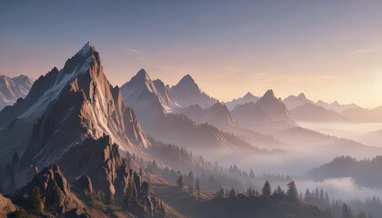 Misty mountain range at dawn, fog clinging to peaks ,  landscape,  mist