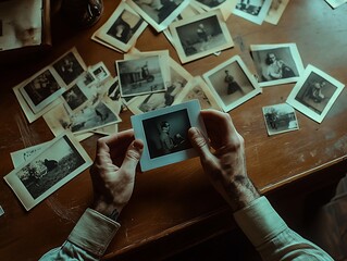 Hands holding antique photograph amidst scattered vintage photos