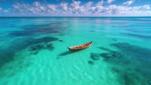 エメラルドグリーンの遠浅の海に浮かぶ木造の小舟