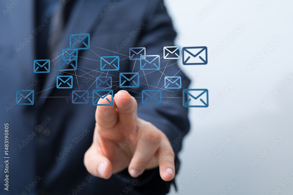 Poster Image of a businessman interacting with a network of email icons, representing email management and communication.