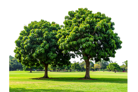 Two Realistic photograph of a large mango tree in the park, transparent background