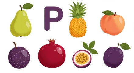 Vibrant Fruits Illustration for Letter P, Alphabet Chart
