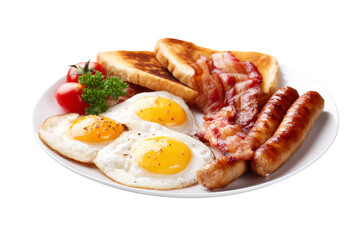 American breakfast set with eggs bacon toast and sausage on transparent background.