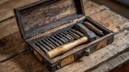 Vintage wooden box of hand tools