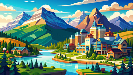 Naklejka premium Banff, Alberta, Canada - : Beautiful view of Banff City during a vibrant summer day. very beautiful