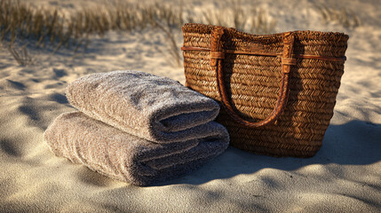 Obraz premium towel and straw bag in sand