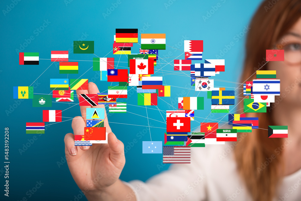 Poster Woman interacts with a digital network of flags representing global connections and international collaboration.