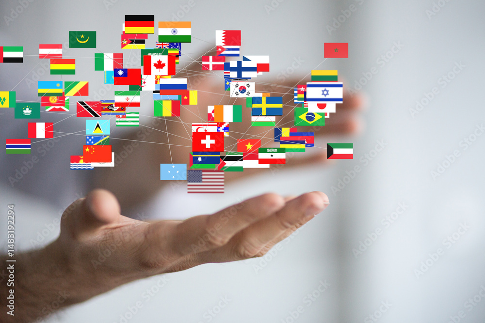 Poster image of many national flags interconnected, symbolizing global connections and international relati