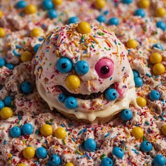 Close-up of messy melting ice cream, candy eyes and smiley face in the sprinkles.
