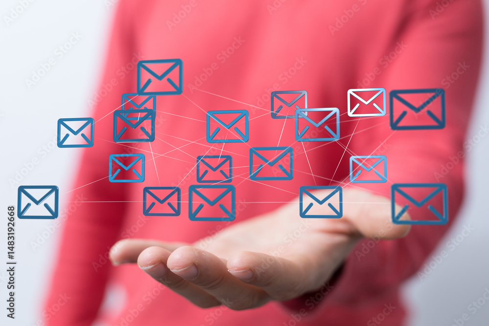 Aufkleber hand holding network of email icons. digital communication, global connection, and networking concep
