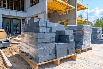 Pallets of modern facade tiles prepared for construction site installation Generative AI