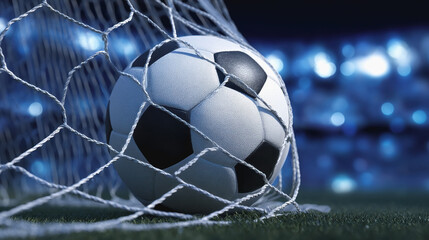 Soccer ball nestled in a net after scoring a goal during a game with copy space available for text and highlights