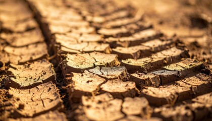 Fototapeta premium Closeup Of Cracked Earth Surface With Tire Tracks
