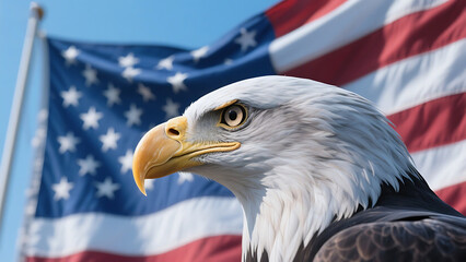 American Bald Eagle Flying with USA Flag, Symbol of Freedom, Patriotic Wildlife