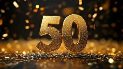 Golden Number 50 with Sparkling Confetti in Festive Celebration Scene - Powered by Adobe