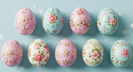 Delicate Easter Eggs on Serene Blue - Pastel-colored eggs, adorned with floral designs and pearls, symbolize spring, new beginnings, hope