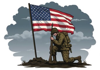 Soldier kneeling before american flag for memorial day