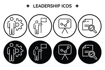 Leadership icon set showing business management strategy planning performance and teamwork concept in simple black and white vector illustration.