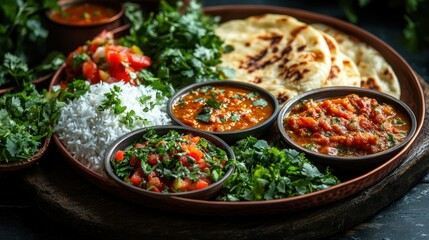 Indian food platter with rice, naan, and curries