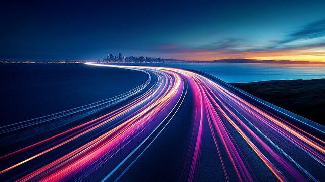 Highway at dusk, city lights streaking