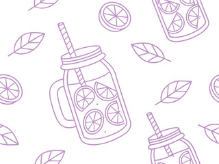 Seamless summer drink pattern with mason jars, citrus slices, and leaves in purple outline. Refreshing beverage-themed design. Great for seasonal textiles, wrapping, and party 