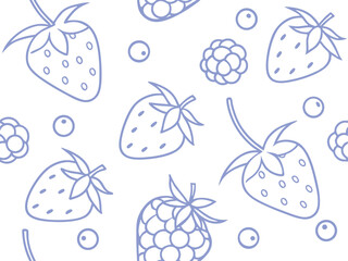 Seamless berry pattern with outlined strawberries, raspberries, and blueberries in soft blue on white background. Fresh fruity design for summer themes. Great for packaging, fabric,