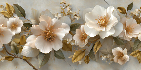 Romantic 3d floral composition with beige petals and golden leaves
