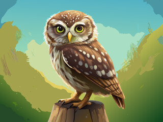Little Owl Perched on Wooden Post in a Green Landscape