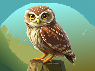 Adorable Little Owl Perched on a Wooden Stump in Nature