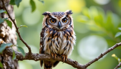 Fototapeta premium a bird with large eyes and a spotted plumage perched in a tree branch