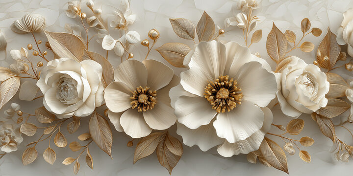 Luxurious 3d golden white floral arrangement with roses and leaves
