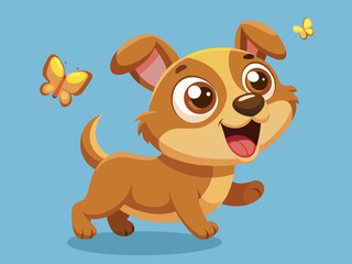 Adorable Cartoon Puppy Playing with Butterflies in a Blue Sky