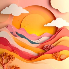 Vibrant Abstract Landscape with Colorful Mountains and Sunlit Sky Creating a Dreamy Atmosphere